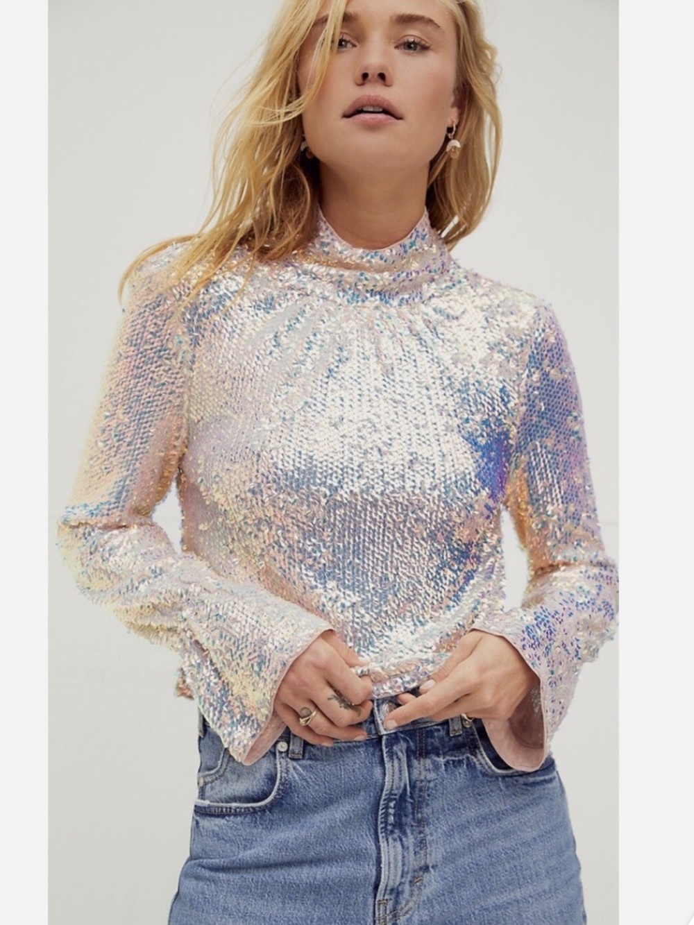 Free People Iridescent Sequin Long-Sleeve Mock Neck Top - Pink, Blue, Cream